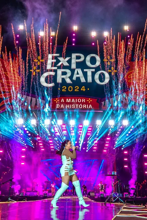 Cantora no palco, com fogos e luzes